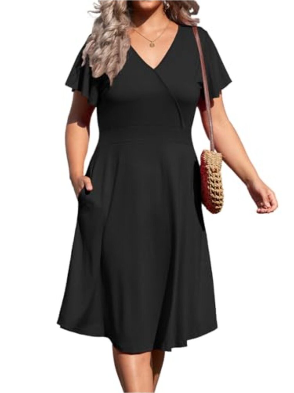 Plus Size V-Neck Midi Dress with Pockets & Ruffle Sleeves